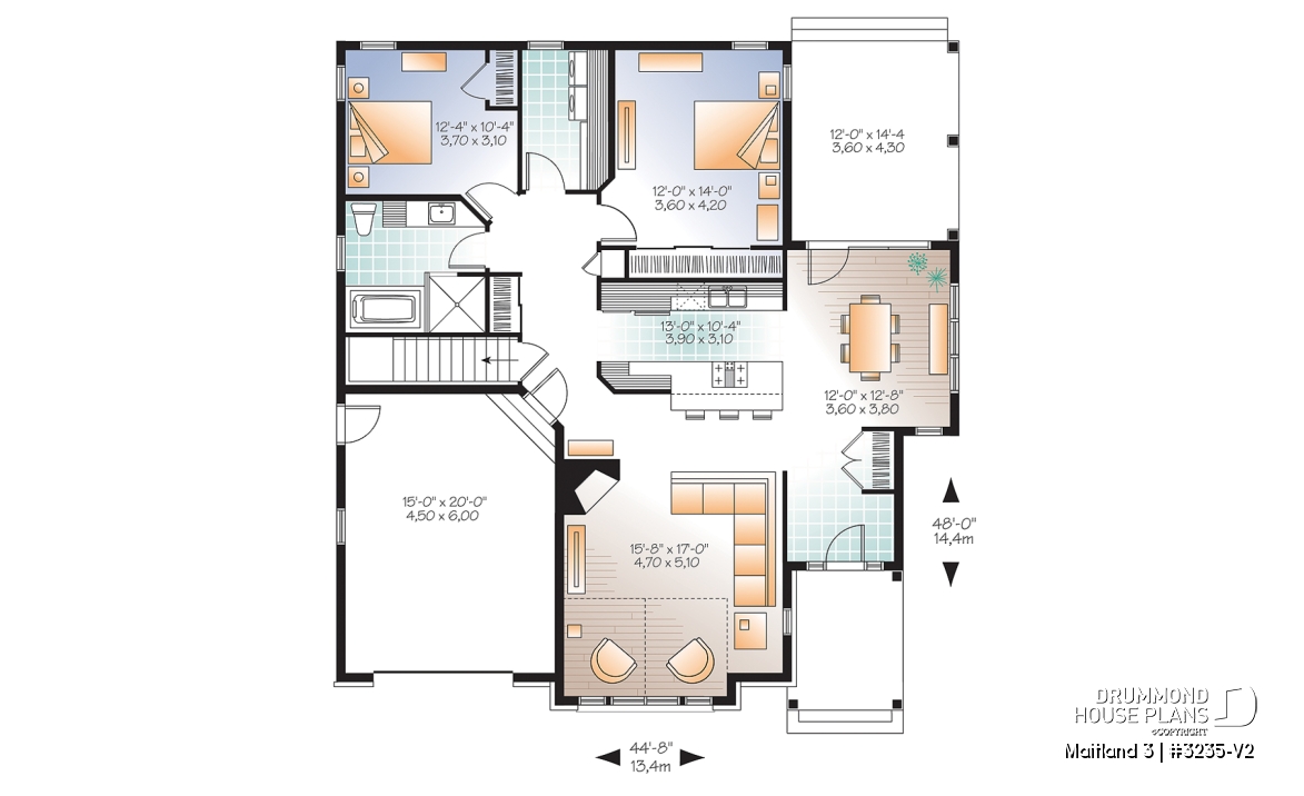 1st level - Ranch Bungalow house plan, with galley kitchen, open floor plan concept, garage, many foundation options - Maitland 3