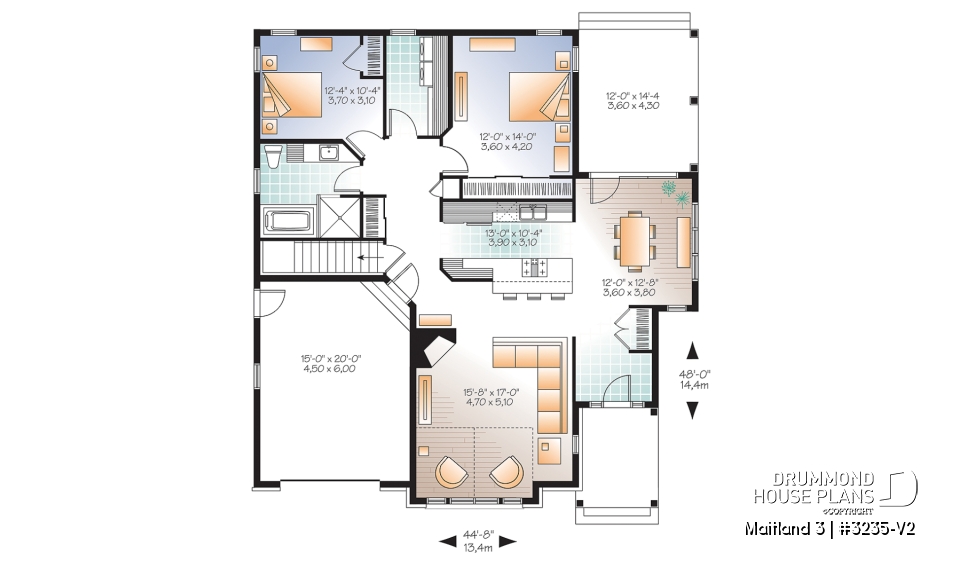 1st level - Ranch Bungalow house plan, with galley kitchen, open floor plan concept, garage, many foundation options - Maitland 3