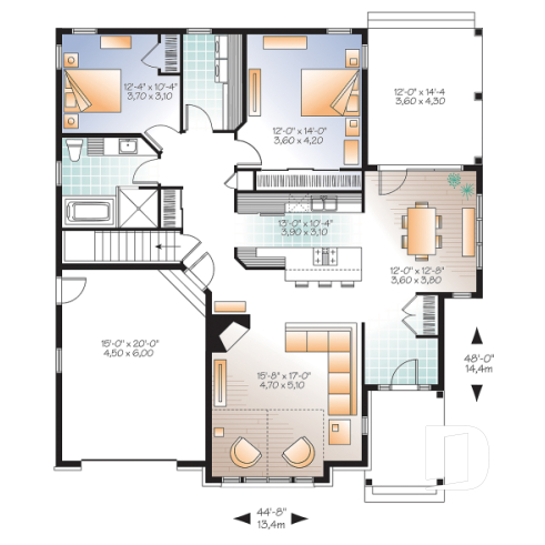 1st level - Ranch Bungalow house plan, with galley kitchen, open floor plan concept, garage, many foundation options - Maitland 3