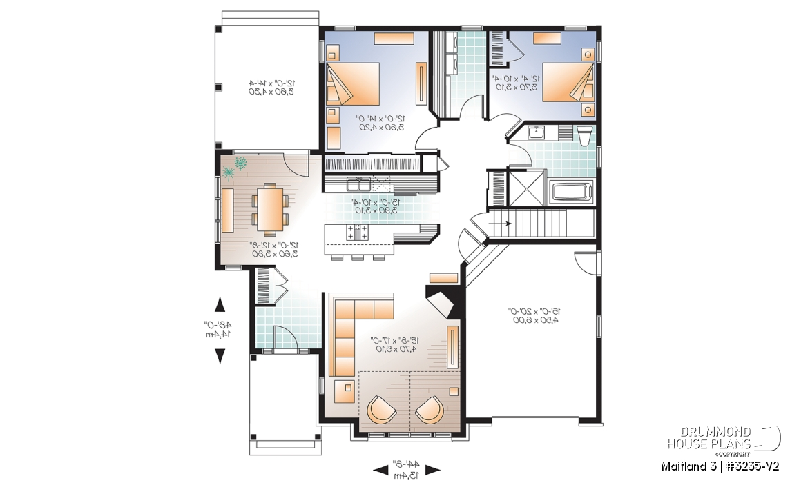 1st level - Ranch Bungalow house plan, with galley kitchen, open floor plan concept, garage, many foundation options - Maitland 3