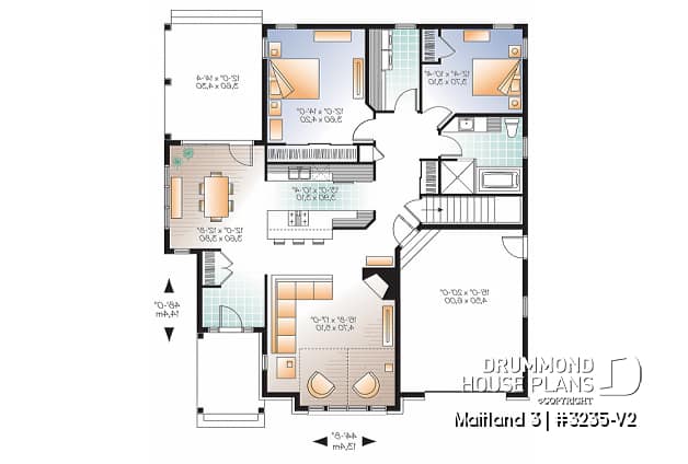 1st level - Ranch Bungalow house plan, with galley kitchen, open floor plan concept, garage, many foundation options - Maitland 3