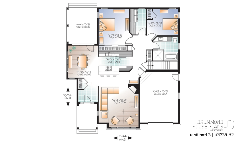 1st level - Ranch Bungalow house plan, with galley kitchen, open floor plan concept, garage, many foundation options - Maitland 3