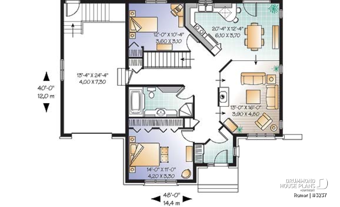 1st level - 2 bedroom European style house plan with sunken living room, fireplace and garage - Ramer