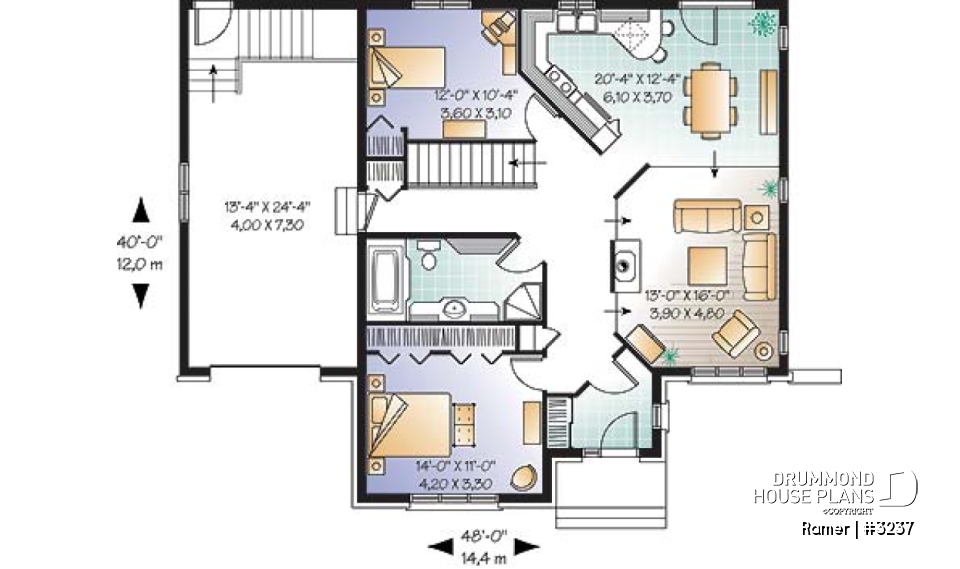 1st level - 2 bedroom European style house plan with sunken living room, fireplace and garage - Ramer