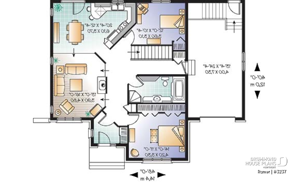 1st level - 2 bedroom European style house plan with sunken living room, fireplace and garage - Ramer