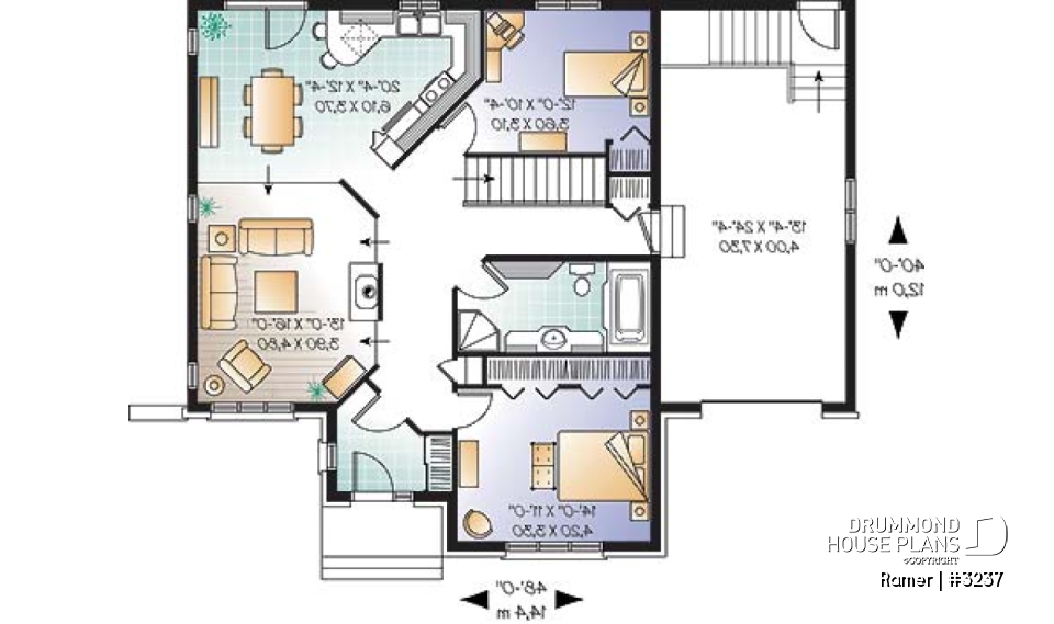 1st level - 2 bedroom European style house plan with sunken living room, fireplace and garage - Ramer