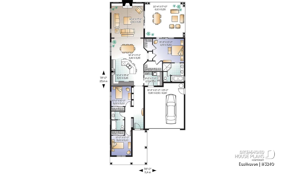 1st level - Single storey house plan, 3 bedroom, 2-car garage, fireplace, great master suite and covered terrace - Easthaven