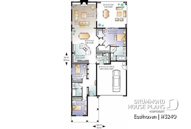 1st level - Single storey house plan, 3 bedroom, 2-car garage, fireplace, great master suite and covered terrace - Easthaven