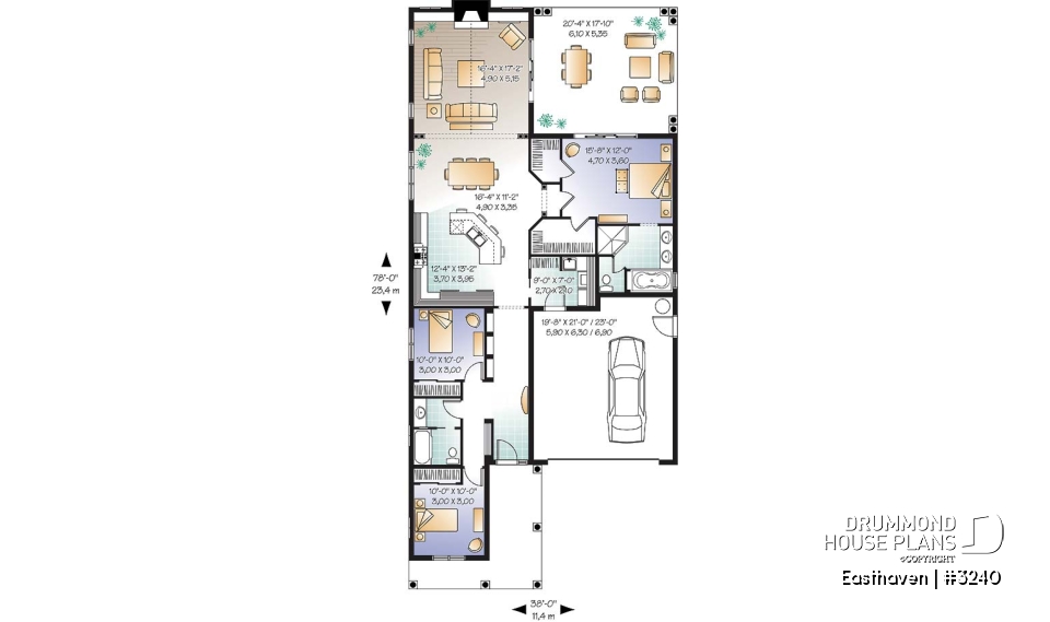 1st level - Single storey house plan, 3 bedroom, 2-car garage, fireplace, great master suite and covered terrace - Easthaven