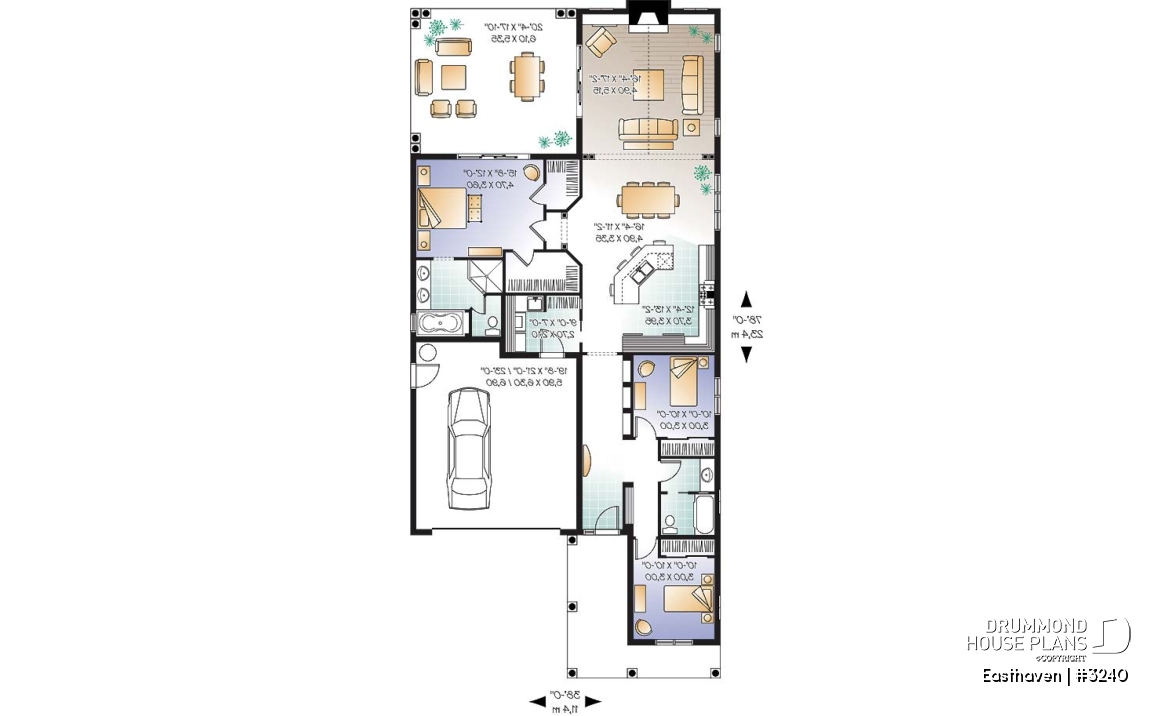 1st level - Single storey house plan, 3 bedroom, 2-car garage, fireplace, great master suite and covered terrace - Easthaven
