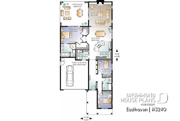 1st level - Single storey house plan, 3 bedroom, 2-car garage, fireplace, great master suite and covered terrace - Easthaven