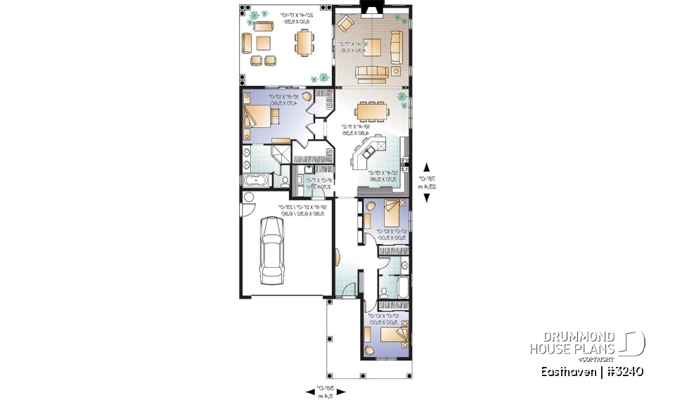 1st level - Single storey house plan, 3 bedroom, 2-car garage, fireplace, great master suite and covered terrace - Easthaven