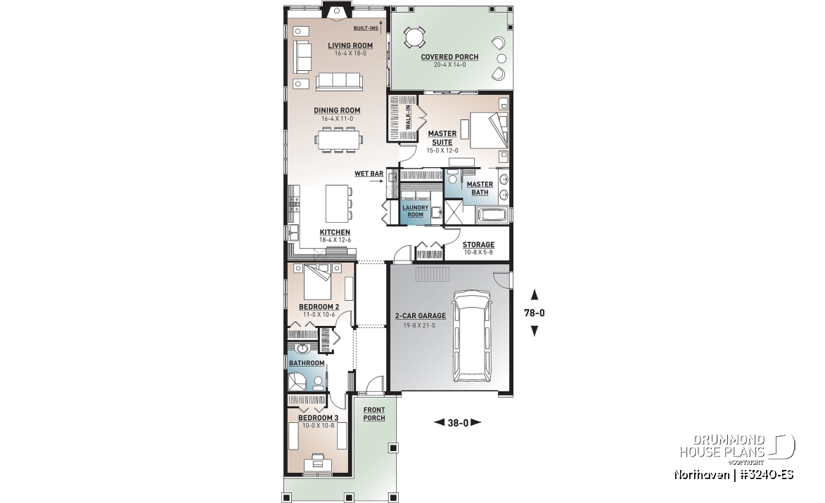 1st level - Craftsman bungalow house plan, master suite, 3 bedrooms, 9' ceiling, open floor plan, large covered terrace  - Northaven