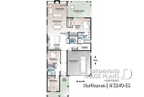 1st level - Craftsman bungalow house plan, master suite, 3 bedrooms, 9' ceiling, open floor plan, large covered terrace  - Northaven