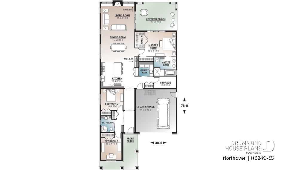 1st level - Craftsman bungalow house plan, master suite, 3 bedrooms, 9' ceiling, open floor plan, large covered terrace  - Northaven