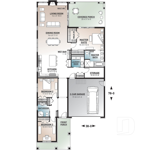 1st level - Craftsman bungalow house plan, master suite, 3 bedrooms, 9' ceiling, open floor plan, large covered terrace  - Northaven
