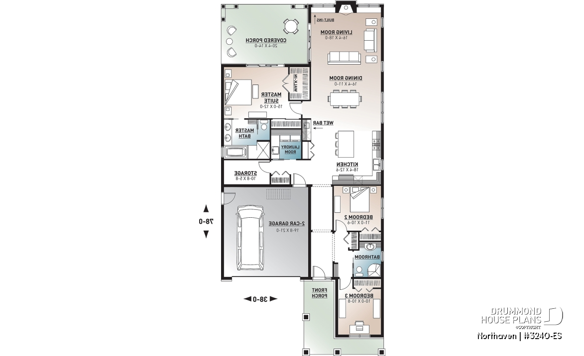 1st level - Craftsman bungalow house plan, master suite, 3 bedrooms, 9' ceiling, open floor plan, large covered terrace  - Northaven