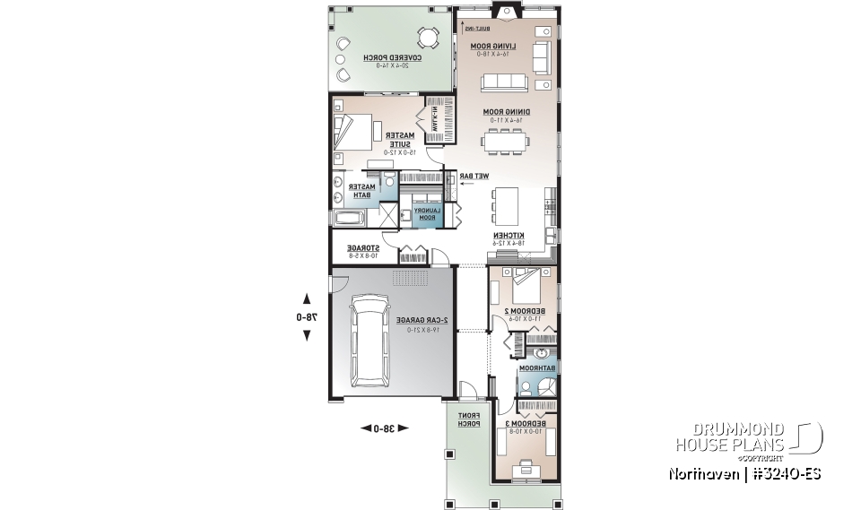 1st level - Craftsman bungalow house plan, master suite, 3 bedrooms, 9' ceiling, open floor plan, large covered terrace  - Northaven