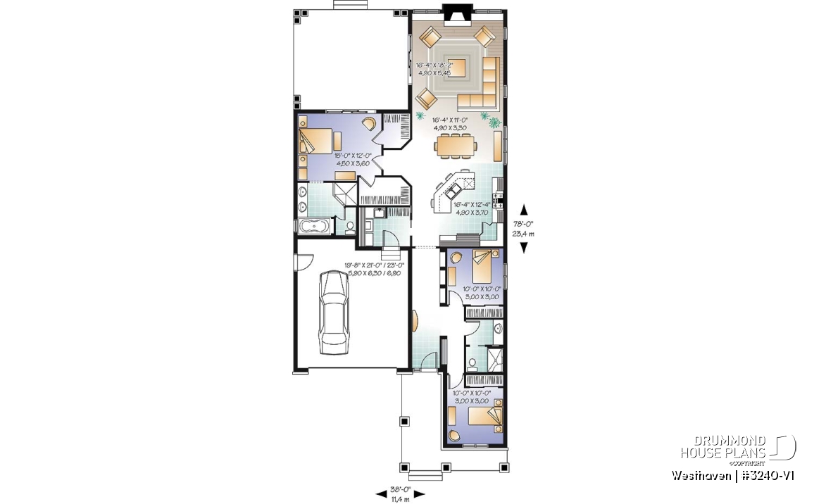 1st level - 3 bedroom Northwest style house plan, 2-car  garage, large covered rear  balcony, fireplace, open concept - Westhaven