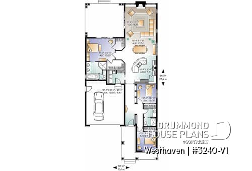 1st level - 3 bedroom Northwest style house plan, 2-car  garage, large covered rear  balcony, fireplace, open concept - Westhaven