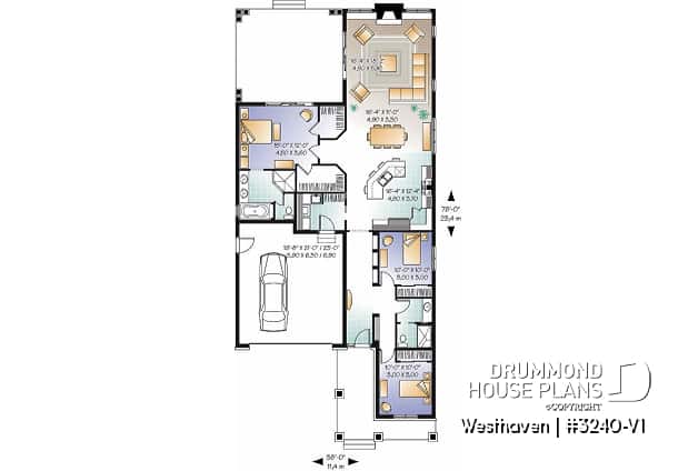 1st level - 3 bedroom Northwest style house plan, 2-car  garage, large covered rear  balcony, fireplace, open concept - Westhaven
