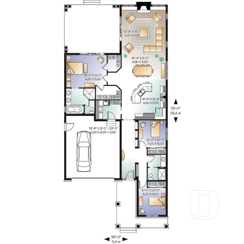 1st level - 3 bedroom Northwest style house plan, 2-car  garage, large covered rear  balcony, fireplace, open concept - Westhaven