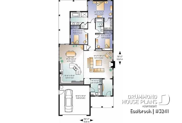 1st level - Perfect 3 bedrooms, 2 bathrooms bungalow house plan with a 2-car garage, for a narrow lot - Eastbrook