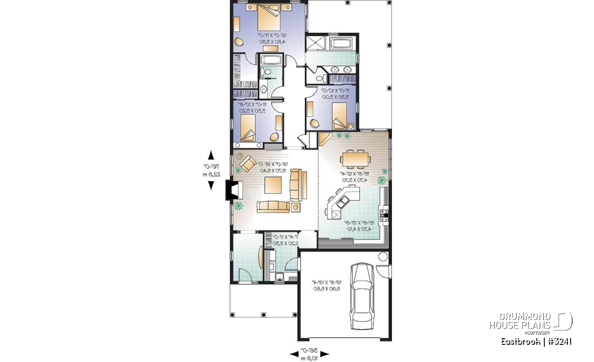 1st level - Perfect 3 bedrooms, 2 bathrooms bungalow house plan with a 2-car garage, for a narrow lot - Eastbrook