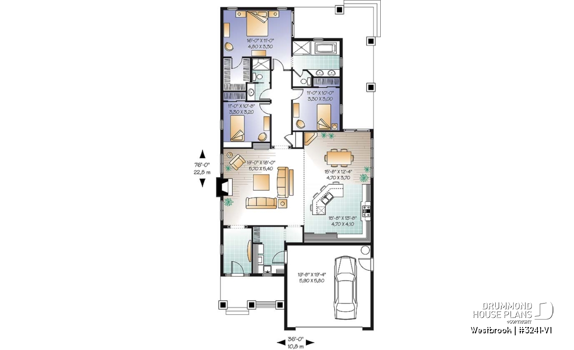1st level - Craftsman inspired house plan with double garage, covered terrace, 3 bedrooms, laundry room, great kitchen - Westbrook