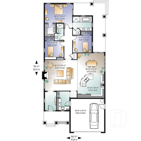 1st level - Craftsman inspired house plan with double garage, covered terrace, 3 bedrooms, laundry room, great kitchen - Westbrook