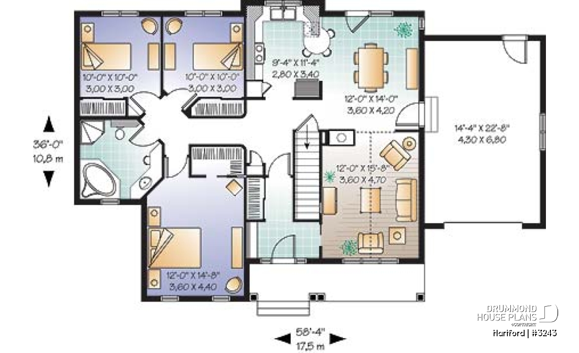 1st level - 3 bedroom bungalow house plan with fireplace, cathedral ceiling and garage - Hartford