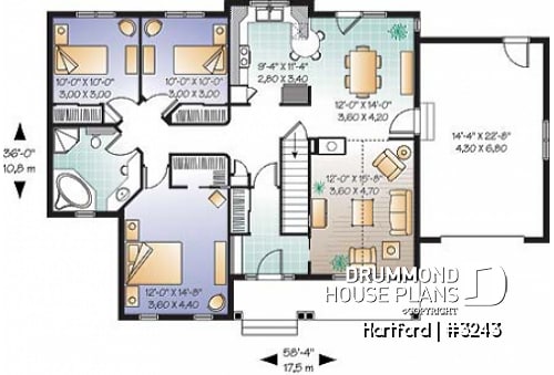 1st level - 3 bedroom bungalow house plan with fireplace, cathedral ceiling and garage - Hartford
