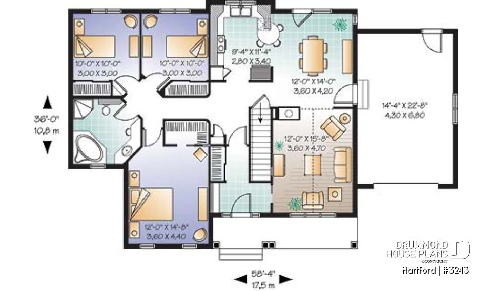 1st level - 3 bedroom bungalow house plan with fireplace, cathedral ceiling and garage - Hartford