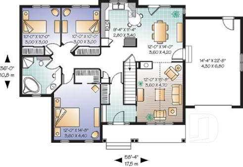 1st level - 3 bedroom bungalow house plan with fireplace, cathedral ceiling and garage - Hartford