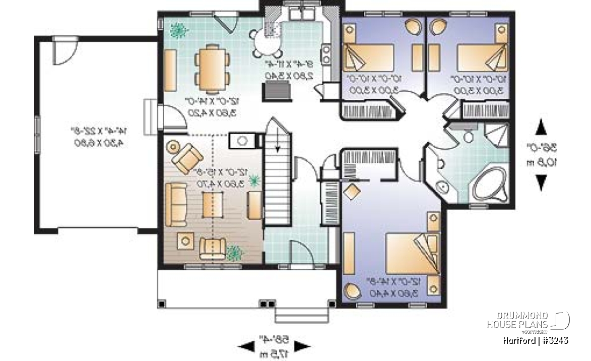 1st level - 3 bedroom bungalow house plan with fireplace, cathedral ceiling and garage - Hartford