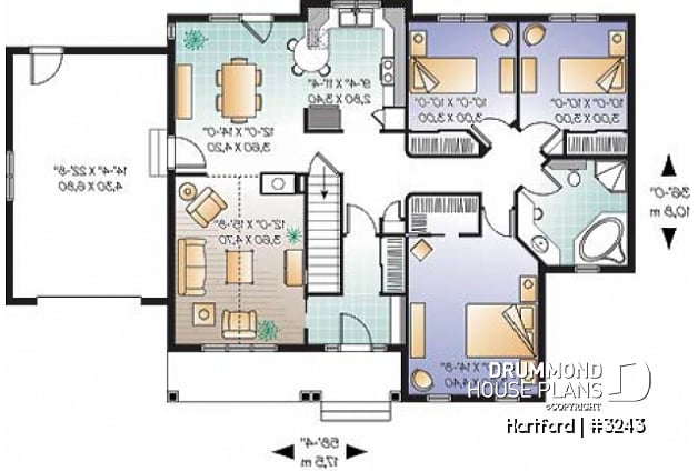 1st level - 3 bedroom bungalow house plan with fireplace, cathedral ceiling and garage - Hartford