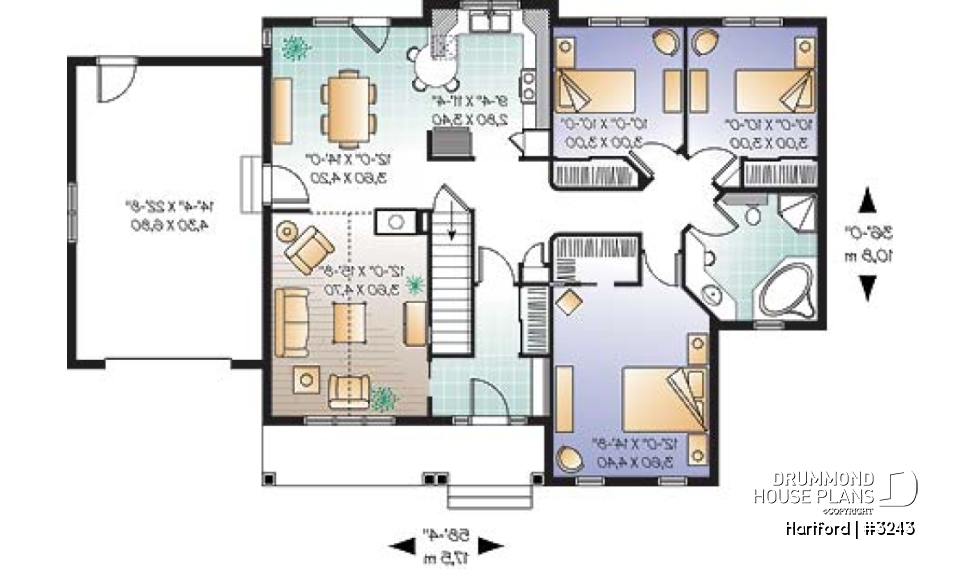 1st level - 3 bedroom bungalow house plan with fireplace, cathedral ceiling and garage - Hartford