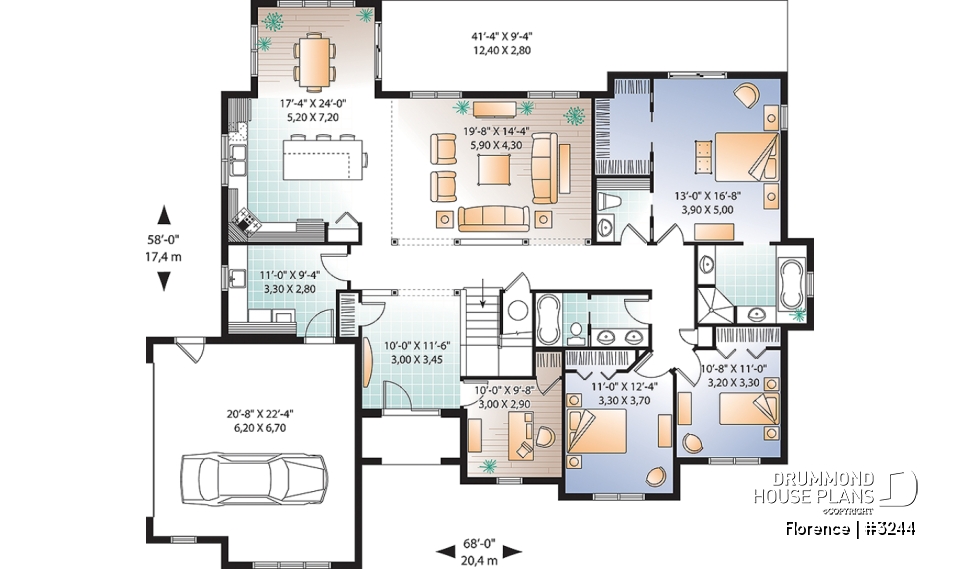 1st level - Florida style house plan, large master suite, home office, open floor plan, large laundry room, bonus space - Florence