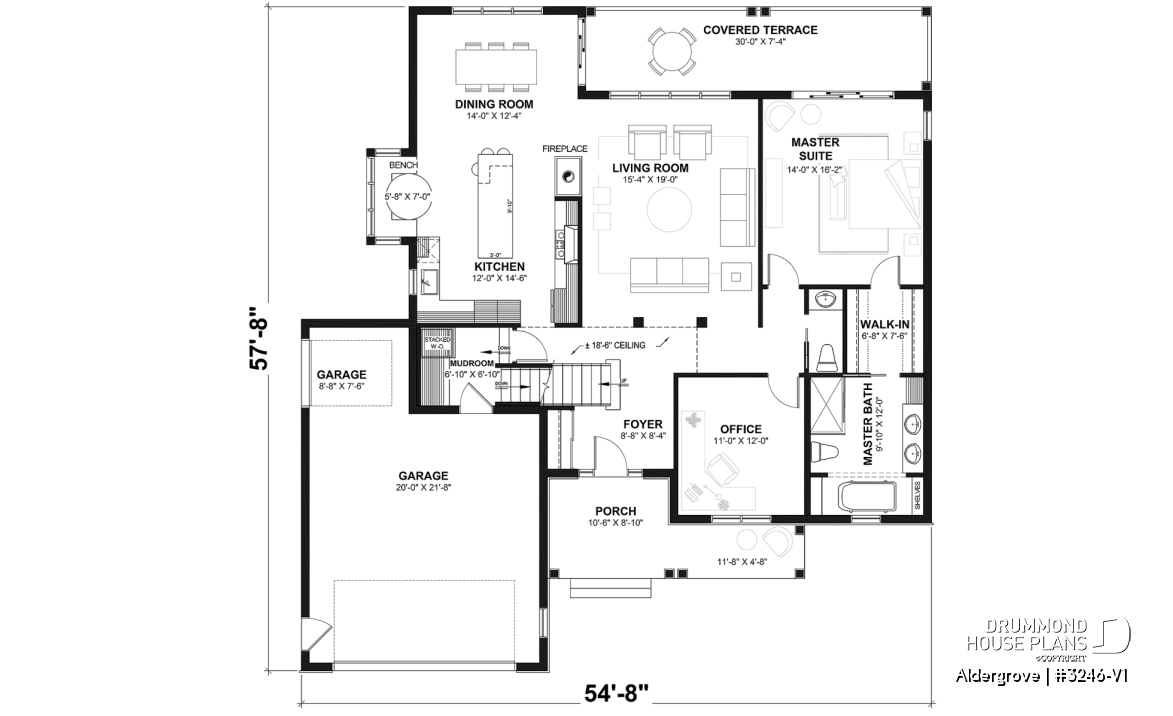 1st level - Country ranch house plan with 2-car garage, main floor master suite, perfect lakefront home plan - Aldergrove