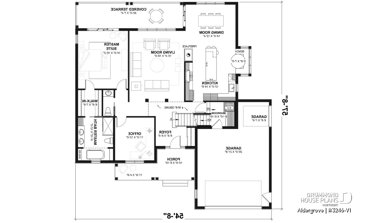1st level - Country ranch house plan with 2-car garage, main floor master suite, perfect lakefront home plan - Aldergrove