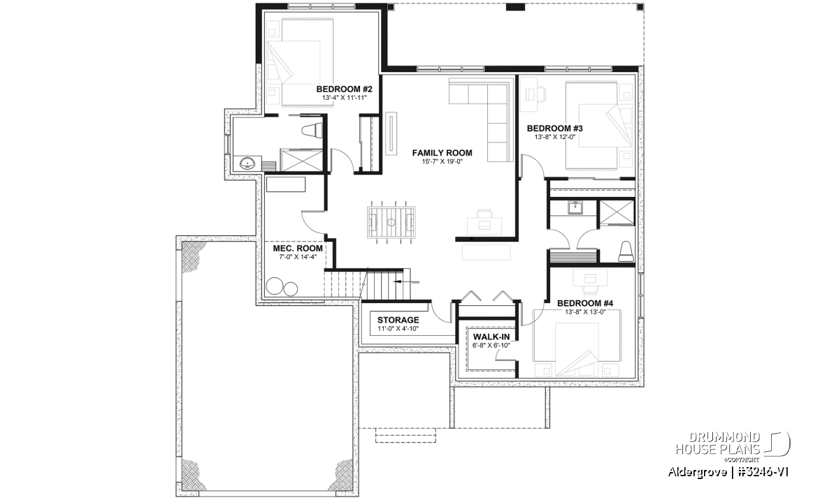 Finished basement (Optional $) - Country ranch house plan with 2-car garage, main floor master suite, perfect lakefront home plan - Aldergrove