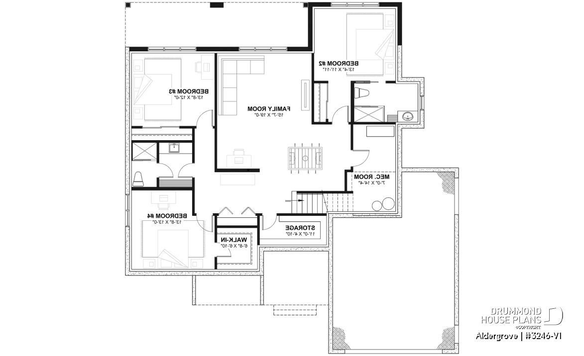 Finished basement (Optional $) - Country ranch house plan with 2-car garage, main floor master suite, perfect lakefront home plan - Aldergrove