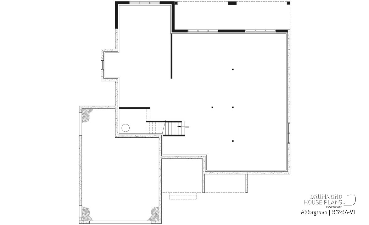 Unfinished basement - Country ranch house plan with 2-car garage, main floor master suite, perfect lakefront home plan - Aldergrove