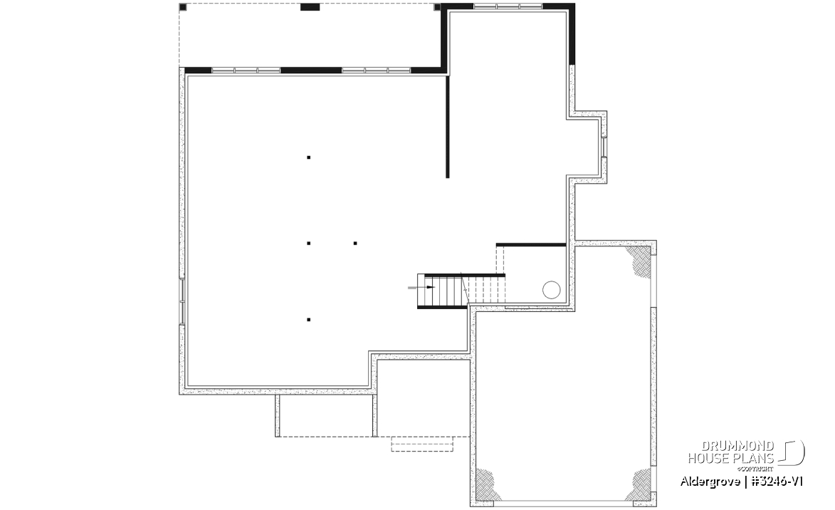 Unfinished basement - Country ranch house plan with 2-car garage, main floor master suite, perfect lakefront home plan - Aldergrove