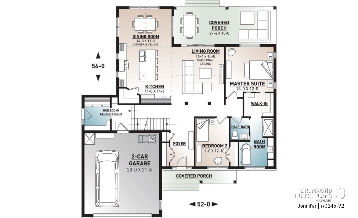 1st level - One-storey ranch house plan with 2-car garage, large kitchen with island and open to living room and backyard - Jennifer