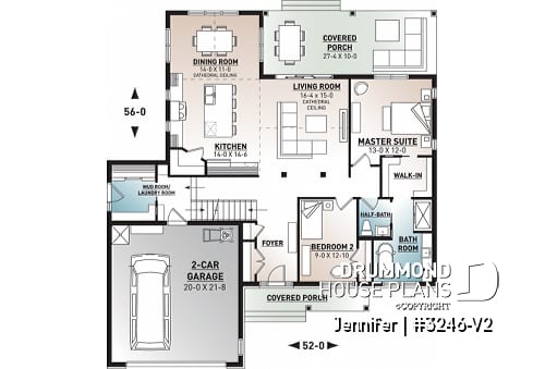 1st level - One-storey ranch house plan with 2-car garage, large kitchen with island and open to living room and backyard - Jennifer