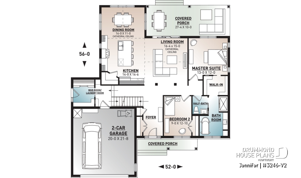1st level - One-storey ranch house plan with 2-car garage, large kitchen with island and open to living room and backyard - Jennifer