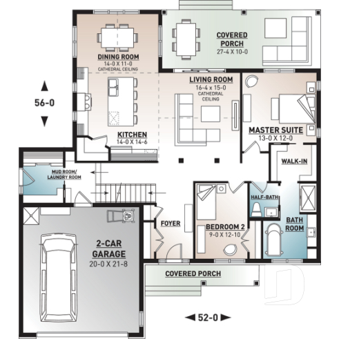 1st level - One-storey ranch house plan with 2-car garage, large kitchen with island and open to living room and backyard - Jennifer