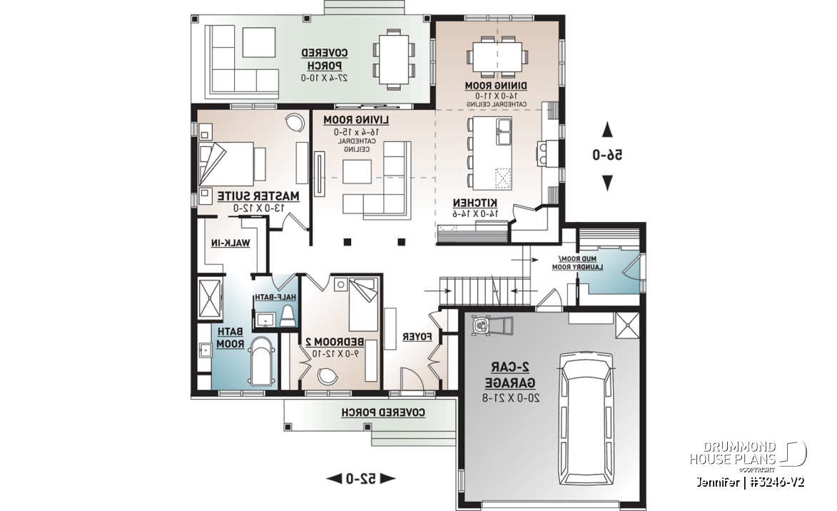 1st level - One-storey ranch house plan with 2-car garage, large kitchen with island and open to living room and backyard - Jennifer