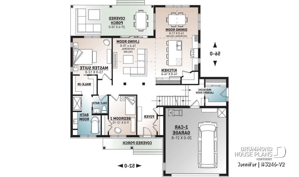 1st level - One-storey ranch house plan with 2-car garage, large kitchen with island and open to living room and backyard - Jennifer